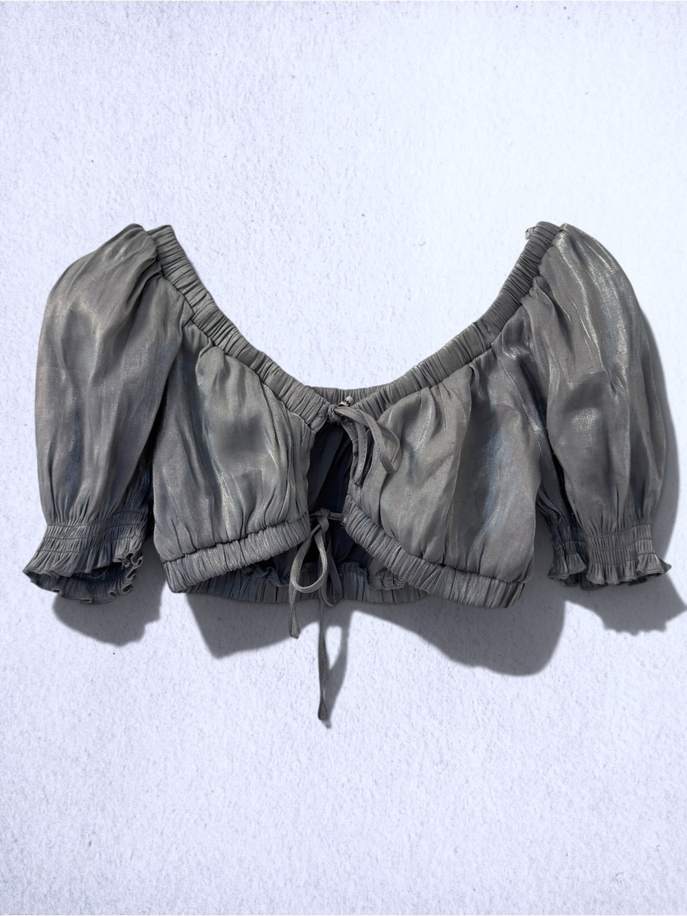 Miss Selfridge Shimmery Gray Puff-Sleeve Crop Top